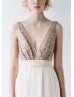 V Neck Rose Gold Sequin Chiffon Stunning Wedding Dress